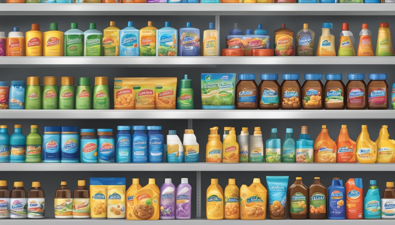 A row of generic products displayed in front of a large sign that reads "House Brand Products."