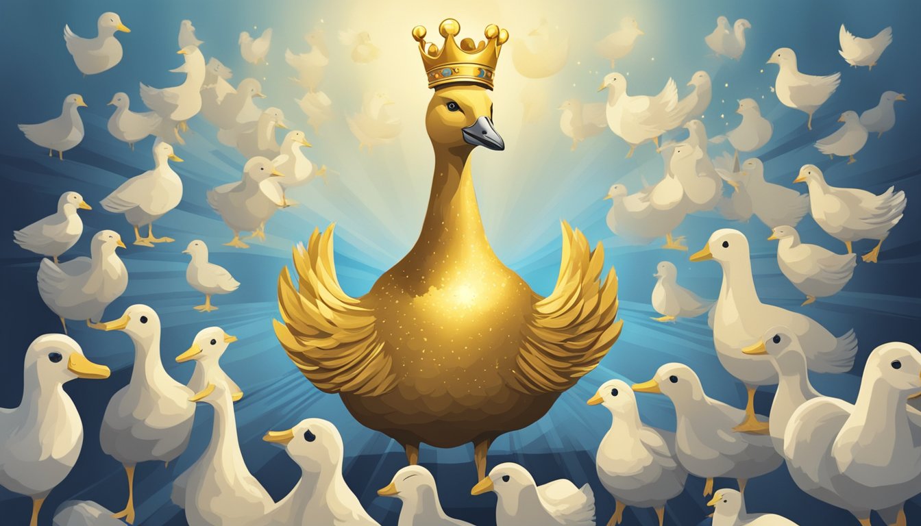 A golden goose with a crown, surrounded by question marks and a spotlight