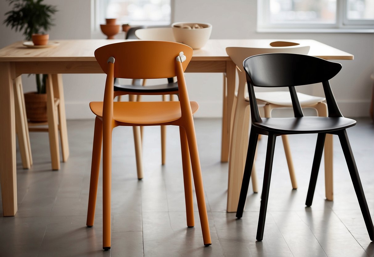 Two high chairs, Lalo and Stokke, side by side. Lalo's sleek design contrasts with Stokke's classic style. Both chairs are empty, ready for use