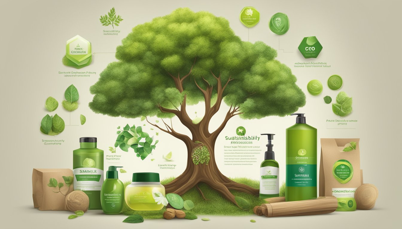 A tree surrounded by eco-friendly products with a "Sustainability and Ethical Practices" label