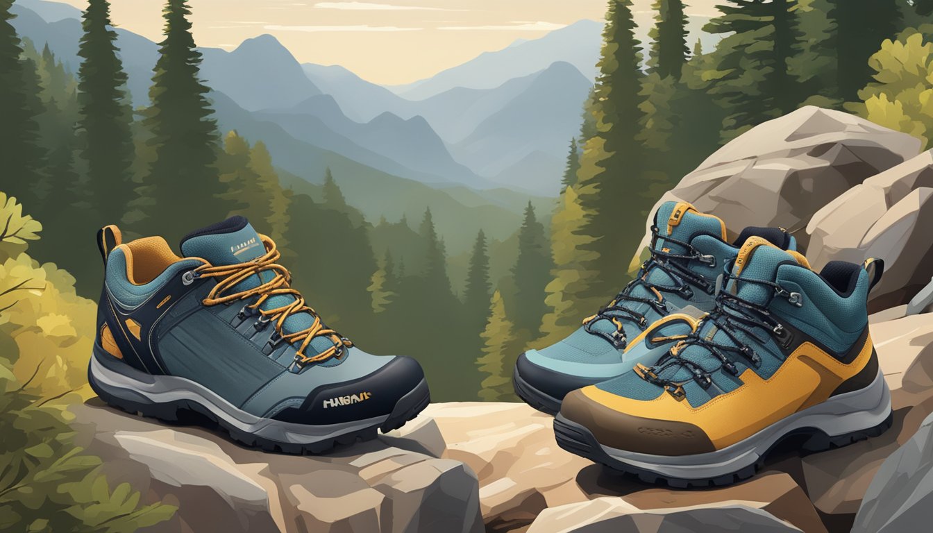 Several hiking shoe brands displayed on a rugged mountain trail, surrounded by trees and rocks. The shoes are arranged in a visually appealing manner, showcasing their different styles and features