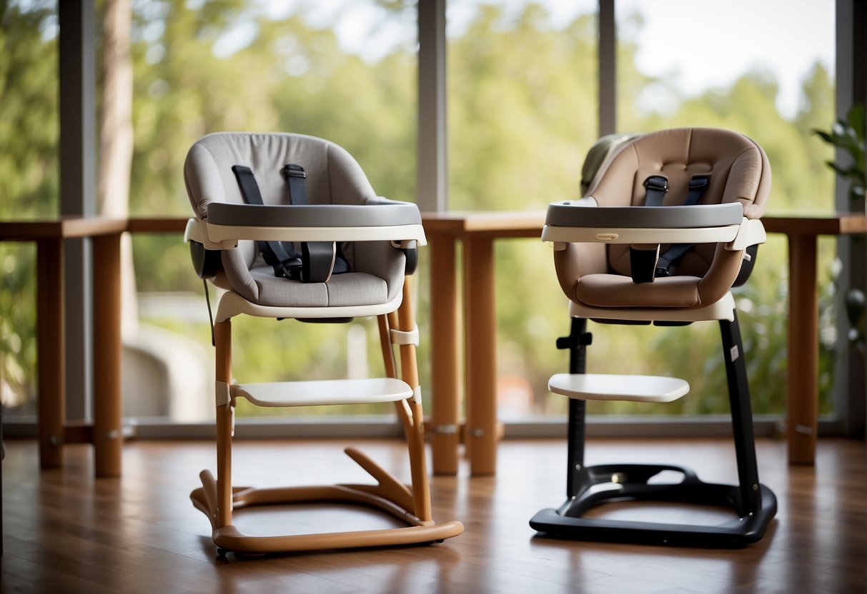 Two high chairs side by side, one labeled "Lalo" and the other "Stokke." Both chairs have adjustable features and sleek, modern designs