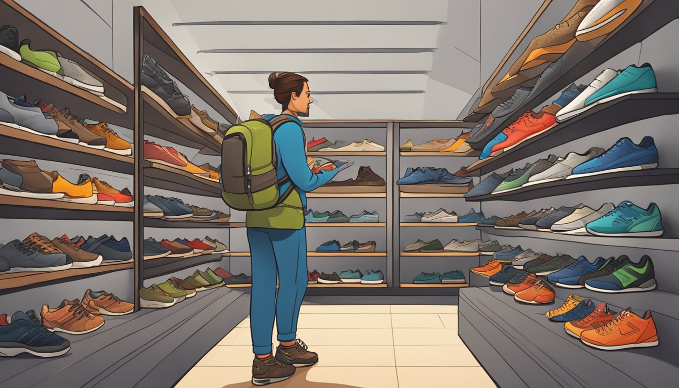 A hiker stands in front of a display of various hiking shoe brands, carefully examining the different styles and features