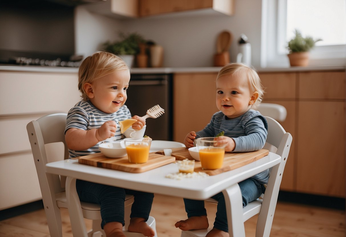 A messy mealtime scene with Lalo and Stokke high chairs, showing Lalo's easy-to-clean design compared to Stokke's more challenging cleaning process