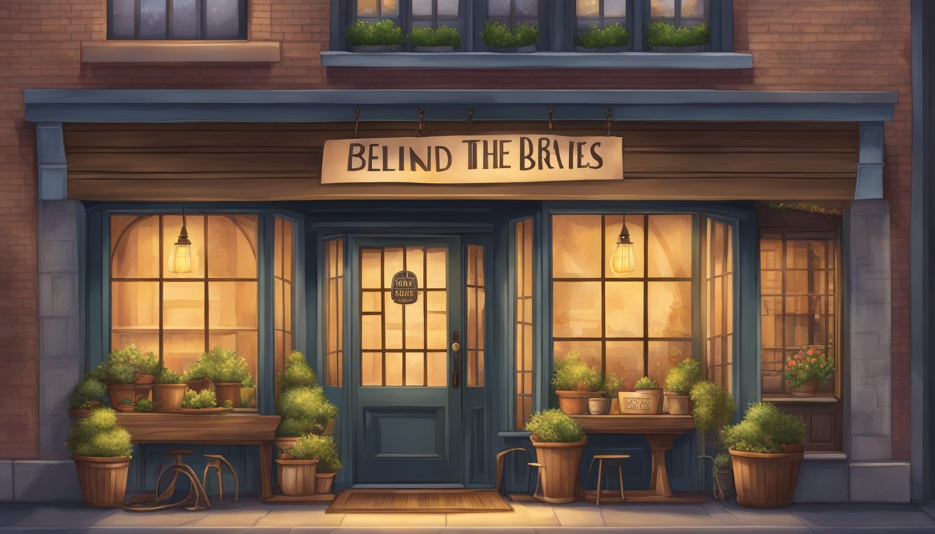 A cozy, rustic storefront with a sign reading "Behind the Scenes house brand". A warm glow emanates from the windows, inviting passersby to come inside