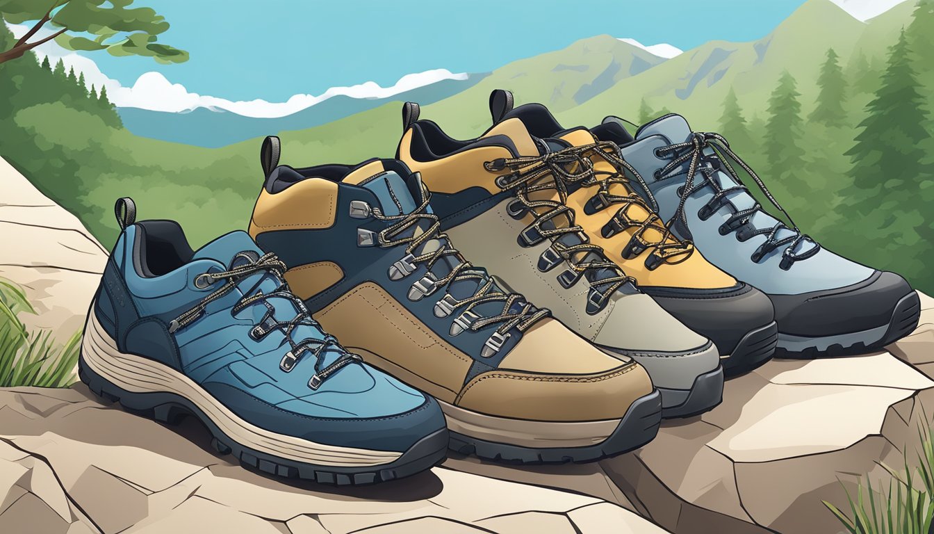 Various popular hiking shoe models arranged on a rocky trail, with a backdrop of lush greenery and a clear blue sky