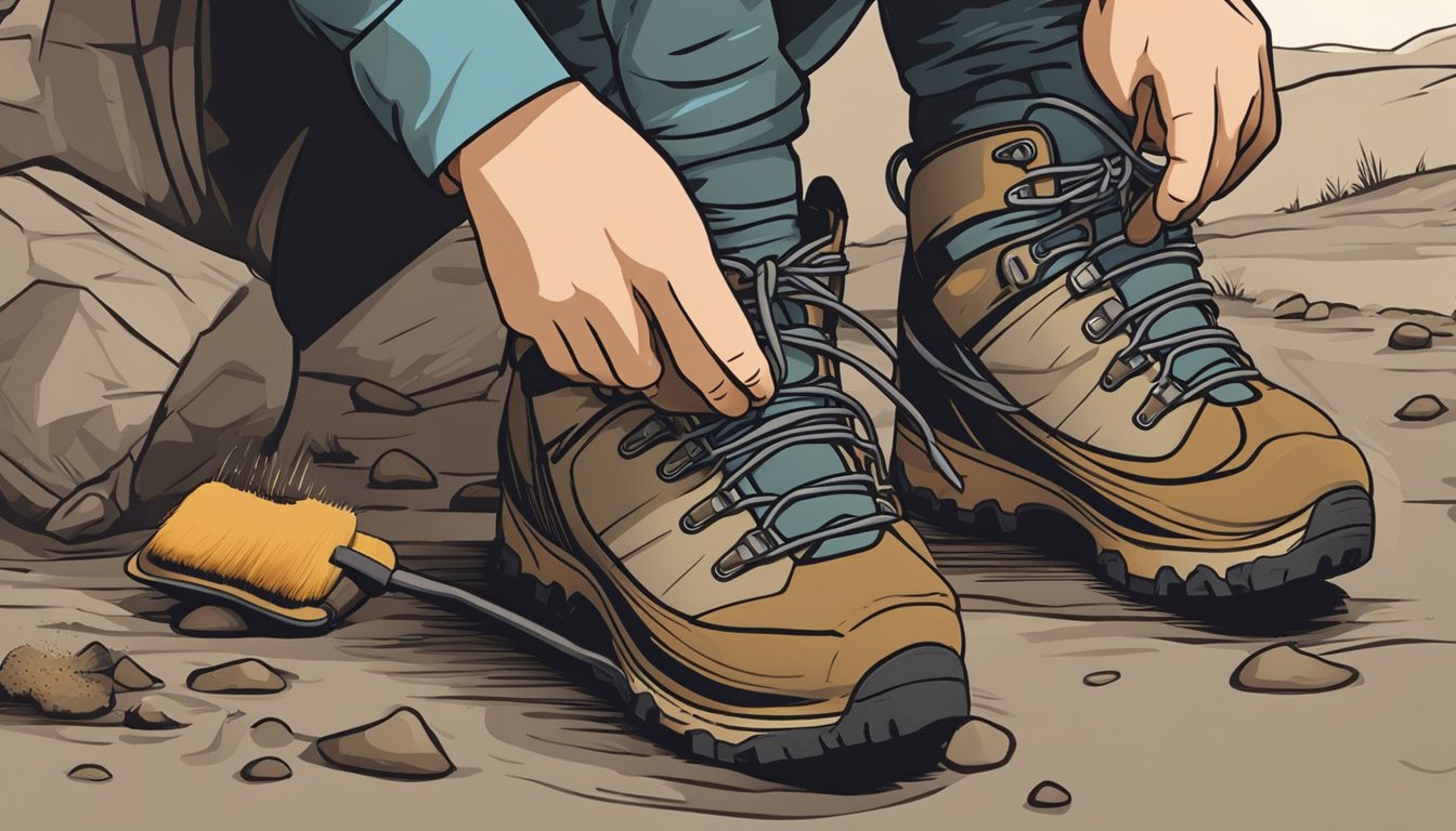 A hiker brushes off dirt from their sturdy, well-worn hiking boots before applying a waterproofing treatment to keep them in top condition