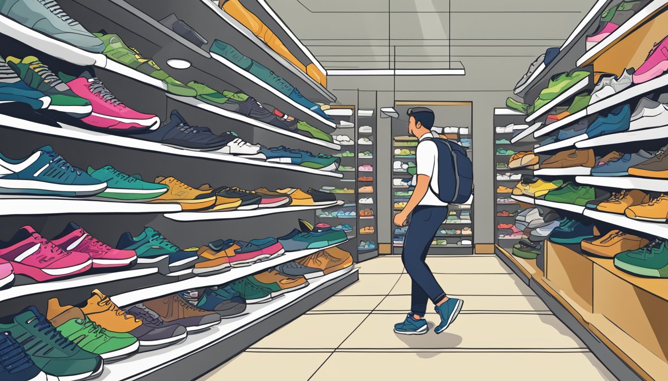 A customer comparing budget hiking shoe brands on a store shelf