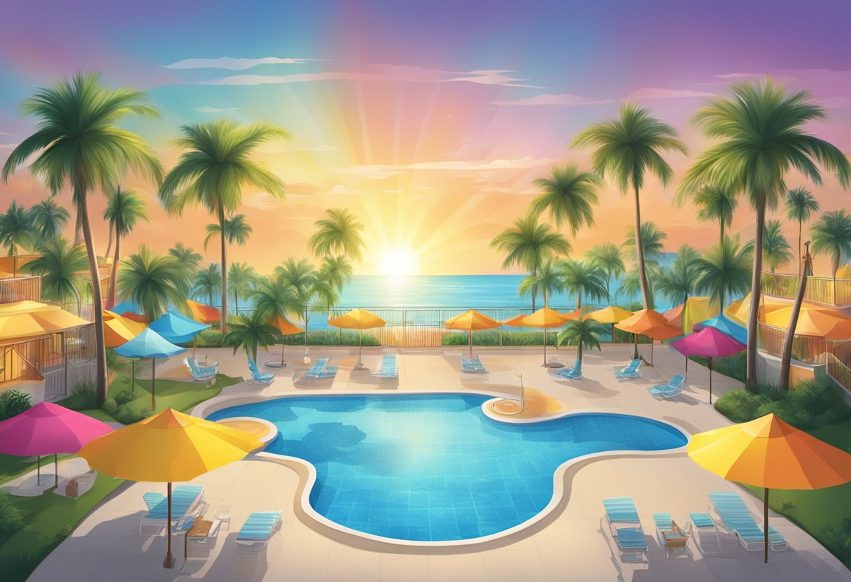 A colorful banner displays "Seasonal Offers and Events" at an all-inclusive resort near Orlando. The sun shines over a pool and palm trees