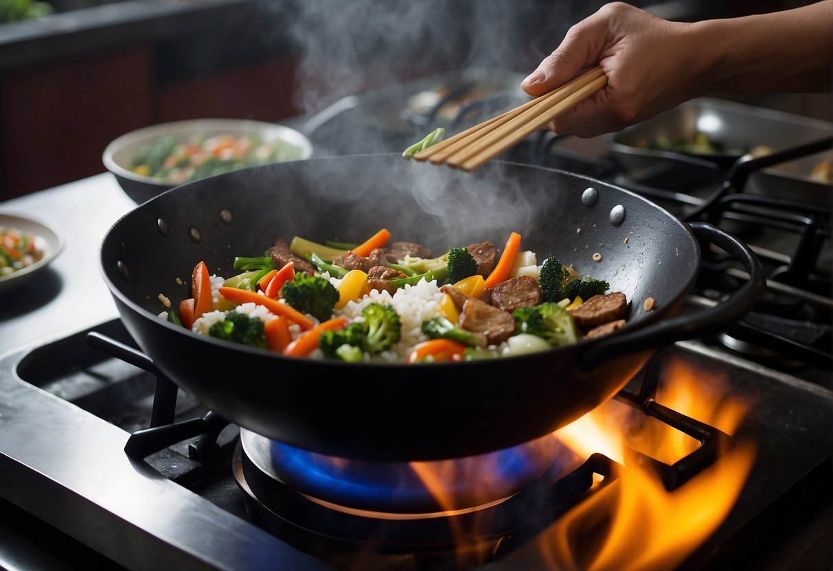 A wok sizzles with stir-fried vegetables and meat. Steam rises as a chef adds soy sauce. A bowl of fluffy white rice sits nearby
