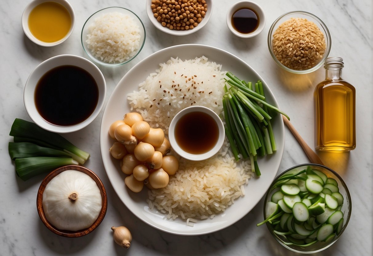 A table with various Chinese cooking ingredients: soy sauce, ginger, garlic, green onions, sesame oil, rice vinegar, and cooking wine