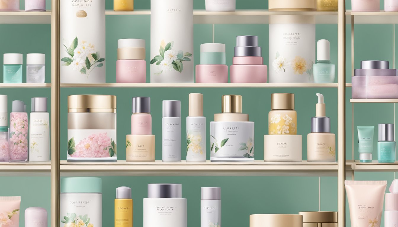 A display of Japanese cosmetics brands arranged on a sleek, minimalist shelf with clean, elegant packaging and delicate floral motifs