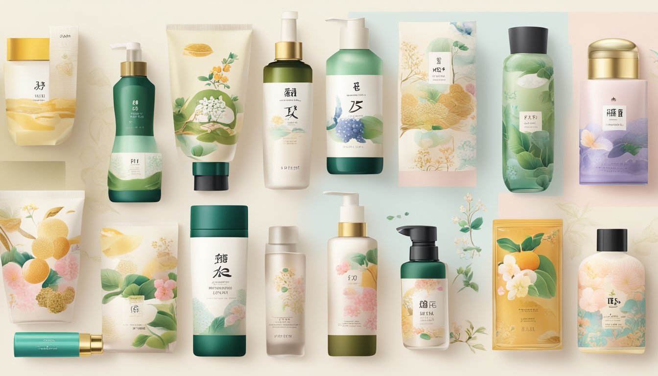 A timeline of Japanese cosmetics brands from ancient to modern, showcasing traditional ingredients and packaging designs