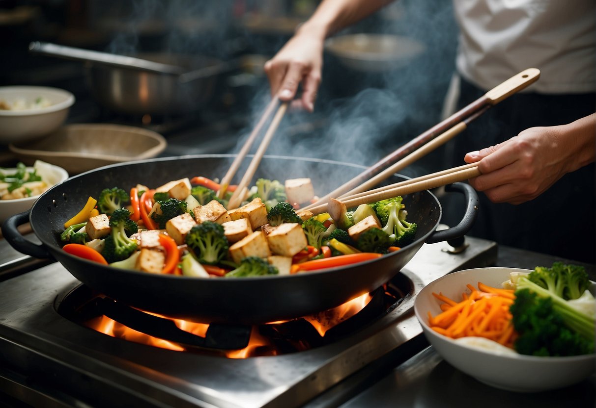 A wok sizzles with stir-fried vegetables and tofu. Steam rises as a chef adds soy sauce and ginger