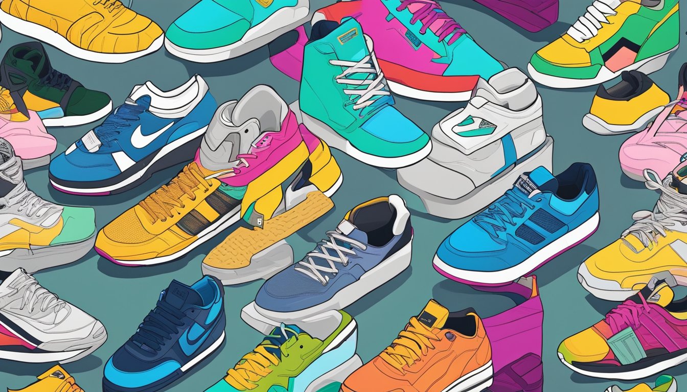 A colorful display of trendy sneakers and apparel from popular hypebeast brands. The items are arranged in an eye-catching manner, showcasing the latest fashion statements in streetwear culture