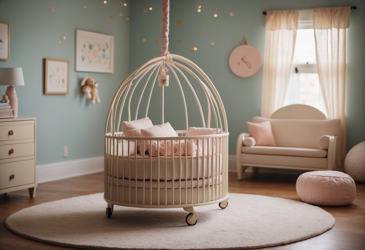 A round crib sits in a spacious nursery, surrounded by soft pastel-colored walls and plush carpeting. On one side, a mobile of delicate, dangling toys sways gently in the breeze, while on the other, a small shelf holds neatly folded