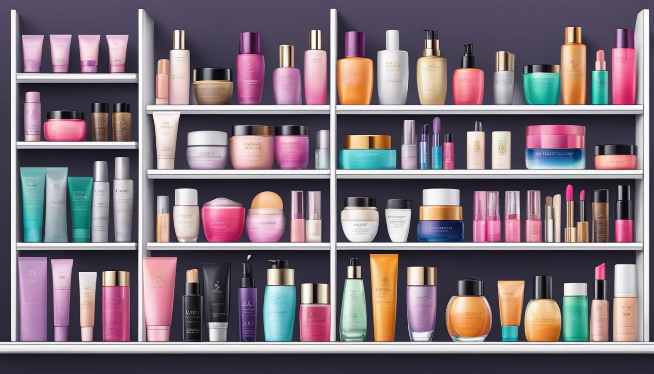 A colorful display of leading Japanese cosmetics brands arranged on a sleek, modern shelf with elegant packaging and vibrant colors