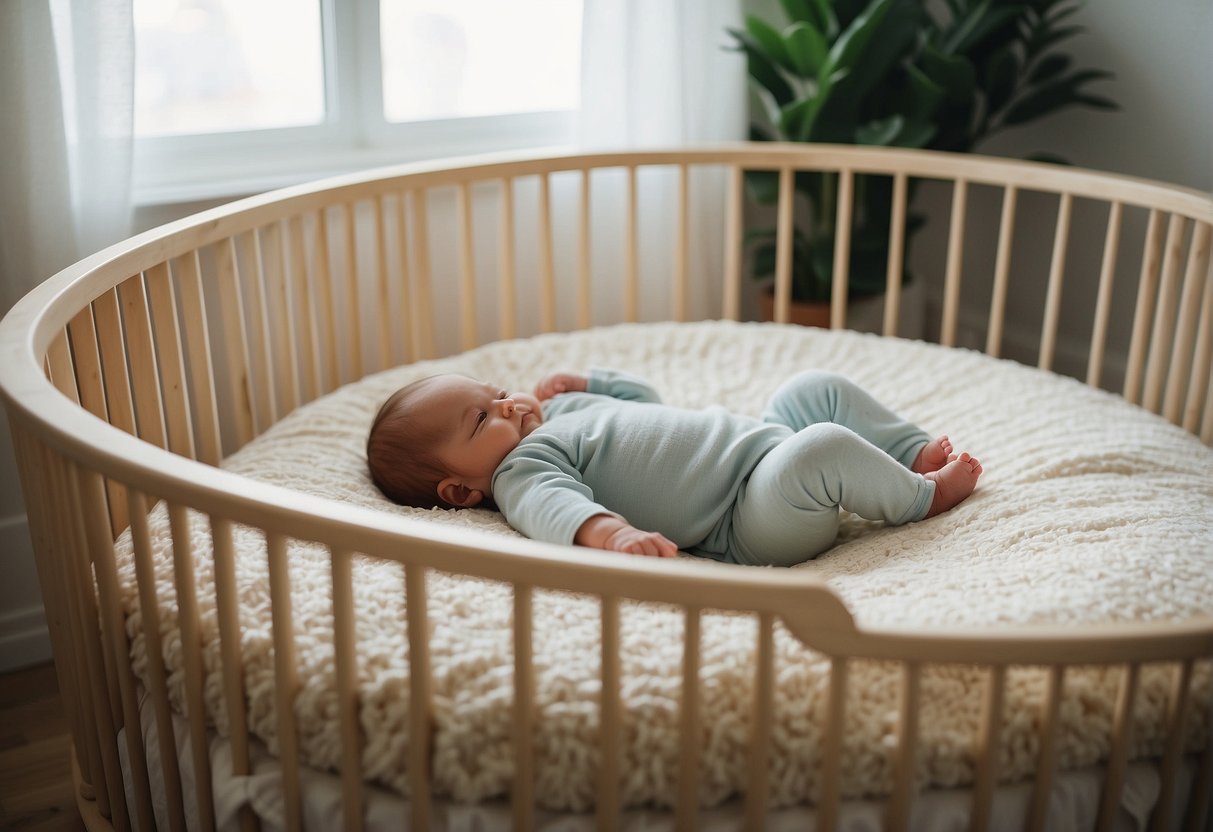 A round crib surrounded by soft, plush bedding, with ample space for a baby to move and play. The crib is positioned in a bright, airy nursery with plenty of natural light streaming in through the windows