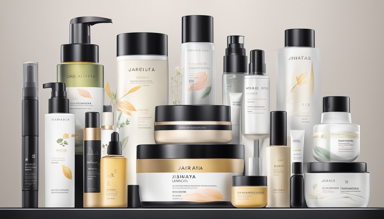 Various Japanese cosmetic products arranged on a sleek, modern display. Labels highlight innovative ingredients and formulations