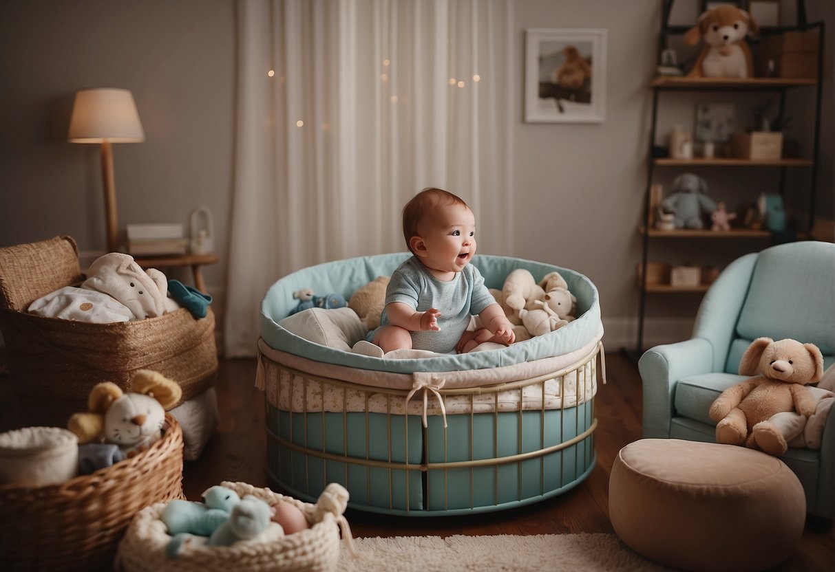 A round crib surrounded by cluttered baby items, with a frustrated parent trying to fit it into a small nursery