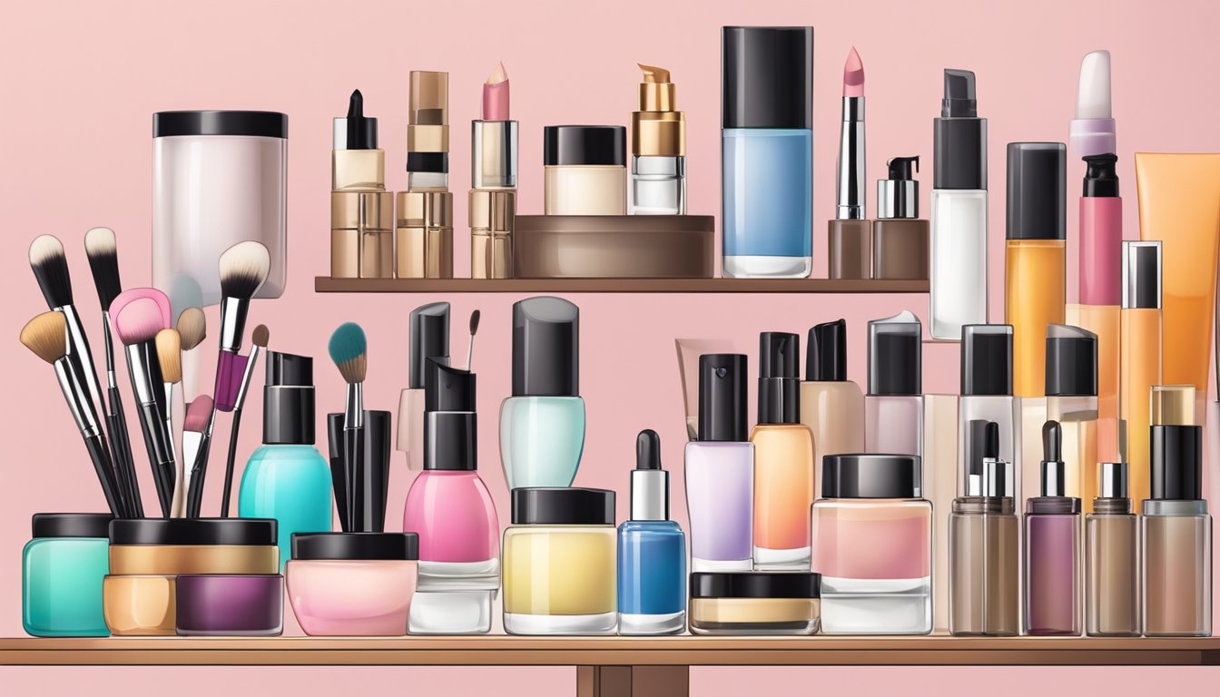 A table with Japanese skincare and makeup products neatly arranged. Brushes, creams, and colorful palettes are displayed