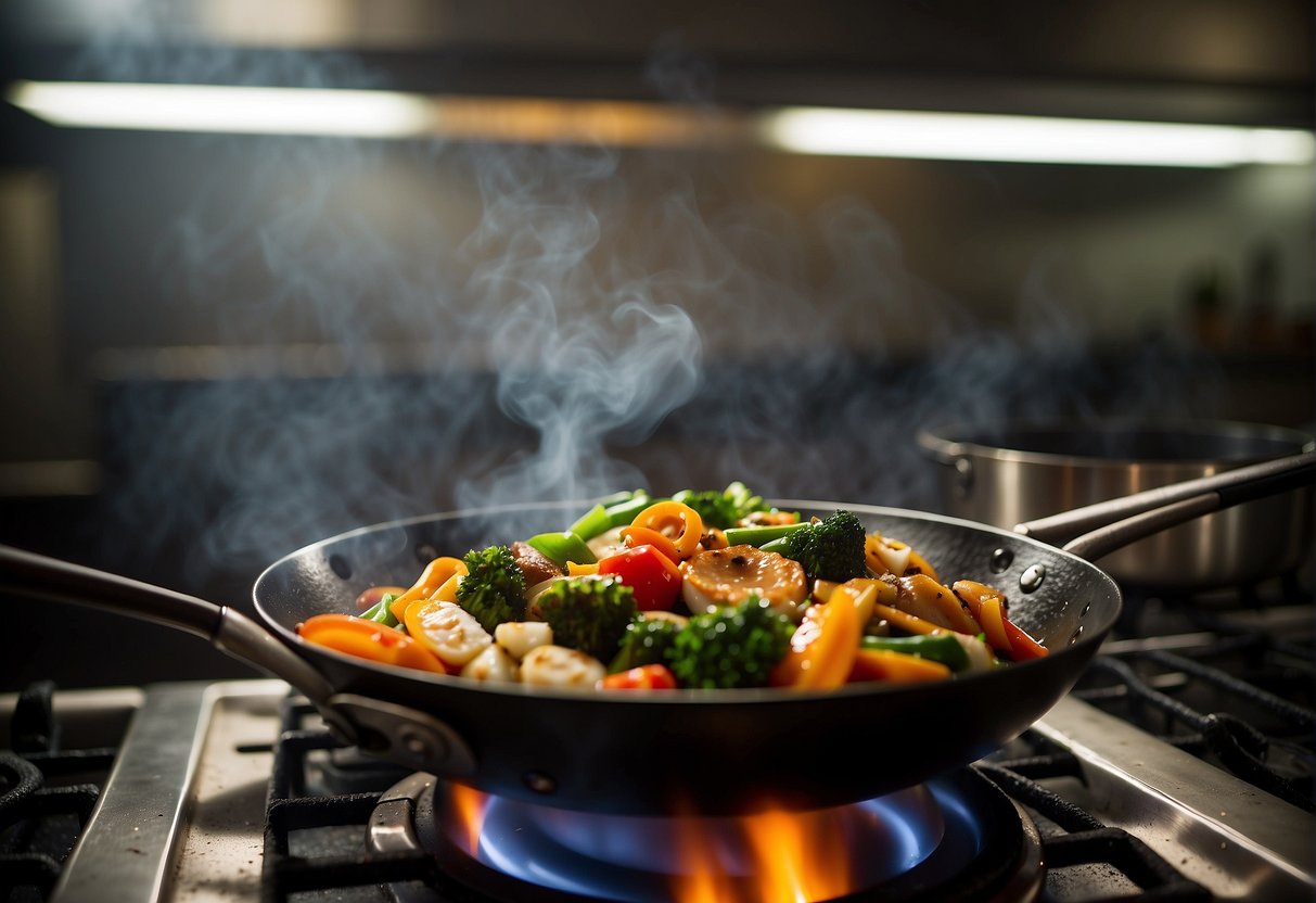 A wok sizzles over a flame, filled with stir-fried vegetables and savory meats. Steam rises as the chef adds a splash of soy sauce, creating a mouthwatering aroma