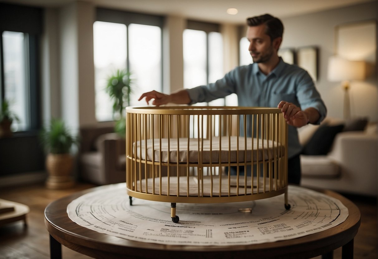 A round crib surrounded by a list of pros and cons, with a scale tipping towards the pros. A parent stands nearby, weighing the decision