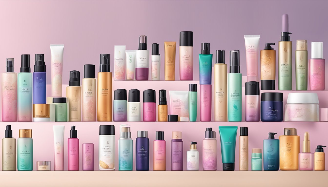 Japanese cosmetics brands displayed in rows, with vibrant packaging and elegant designs. Comparisons shown through price tags and product descriptions