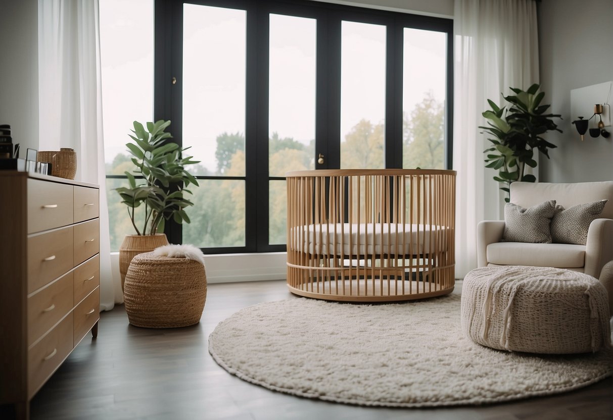 A round crib sits in a modern nursery, surrounded by versatile furniture. Pros and cons of adaptability are displayed in contrasting colors and textures
