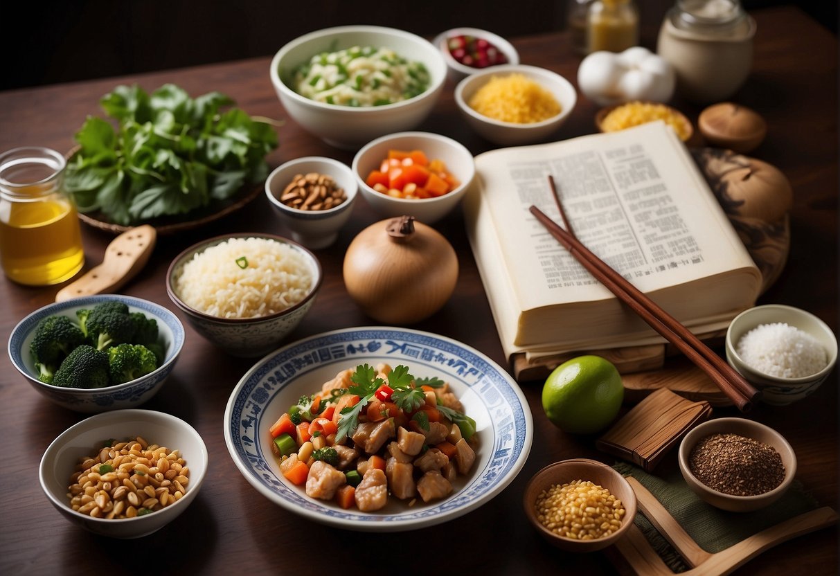 A table set with various Chinese food ingredients and cooking utensils. A recipe book open to a page titled "Frequently Asked Questions basic Chinese food recipes" sits next to the ingredients