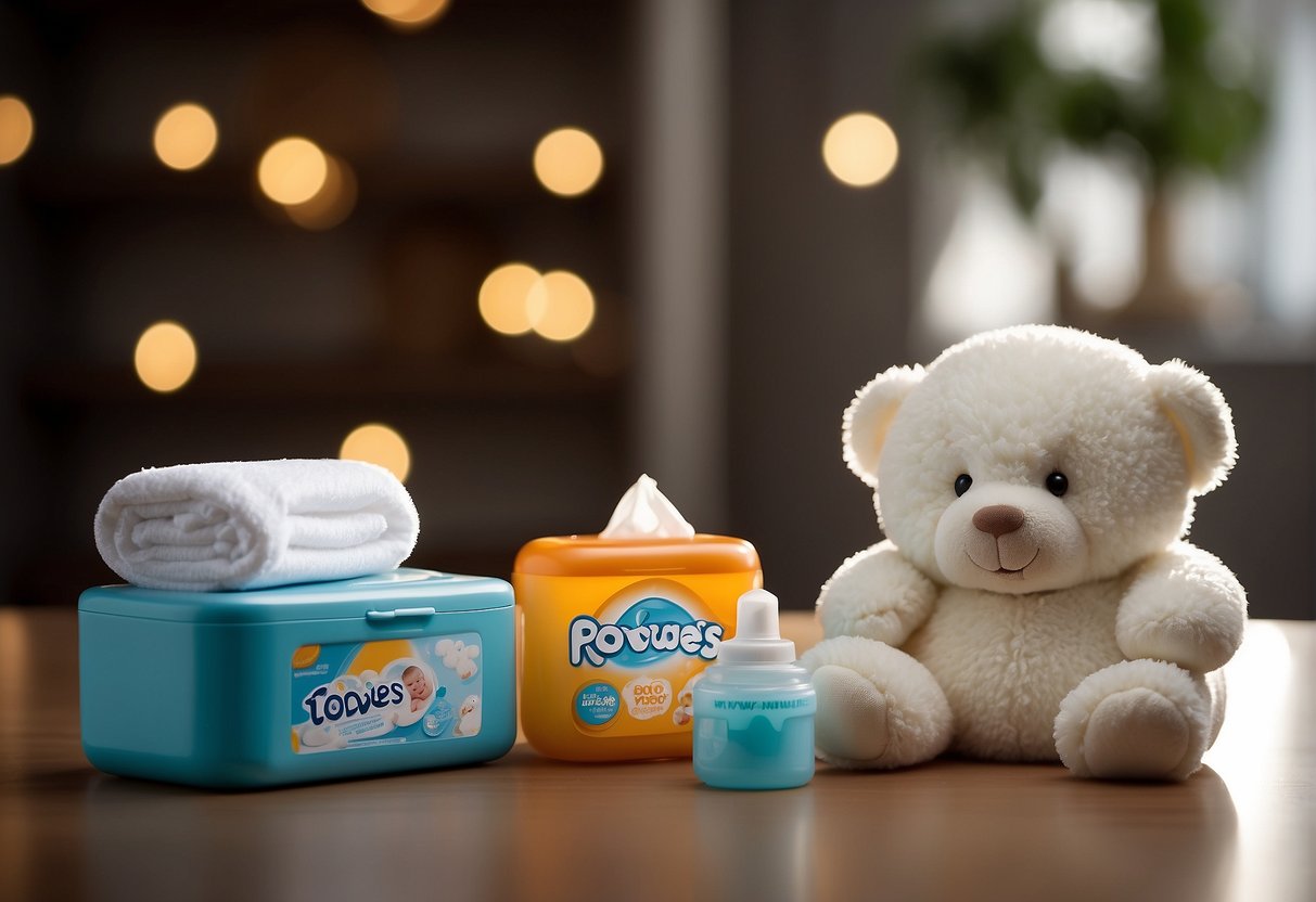 A baby wipes container sits next to a pile of soft cotton wool, both surrounded by baby toys and a diaper changing mat