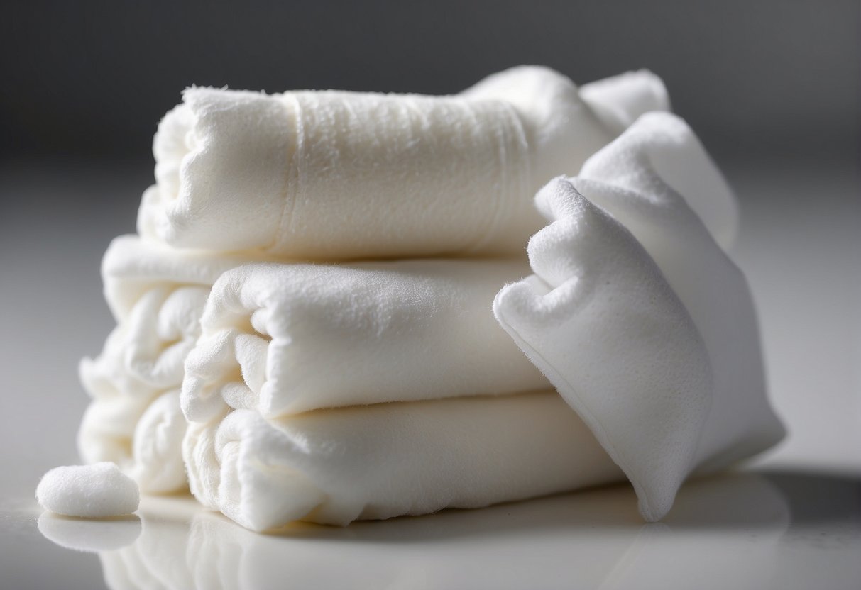 A baby wipe and cotton wool side by side on a clean, white surface. The baby wipe is packaged and moist, while the cotton wool is fluffy and loose