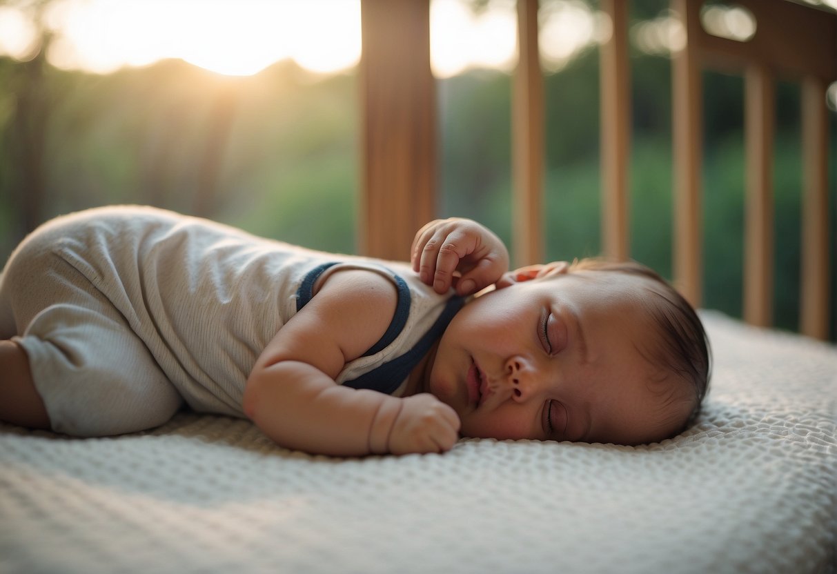 A baby peacefully sleeps on a Newton Crib Mattress, surrounded by a serene and natural setting, while a Naturepedic mattress sits unused nearby