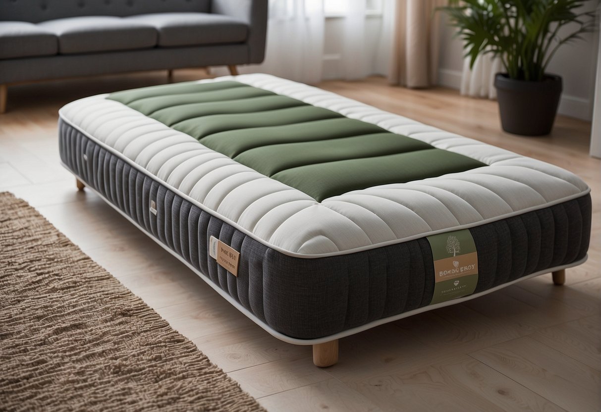 The Newton Crib Mattress stands tall and sturdy, contrasting with the soft and natural elements of the surrounding environment, such as trees, plants, and animals