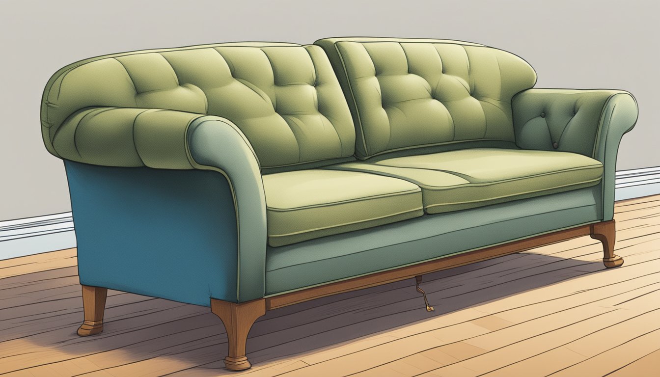 A couch sits on a hardwood floor, with rubber pads underneath its legs to prevent sliding