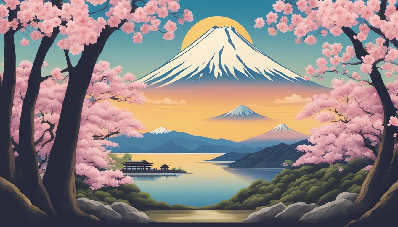 A traditional Japanese beer brand logo against a backdrop of Mount Fuji and cherry blossom trees