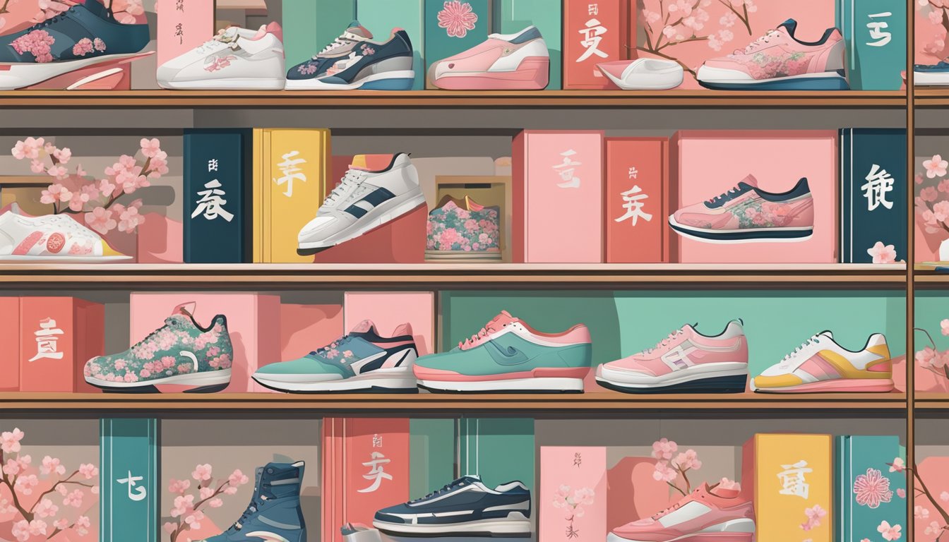 Japanese shoe brands displayed on shelves with traditional and modern designs, surrounded by cherry blossom motifs and kanji characters