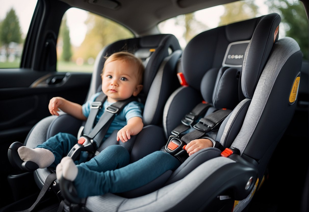 Two car seats side by side, Maxi Cosi and Besafe, in a car interior with seat belts and child safety features visible