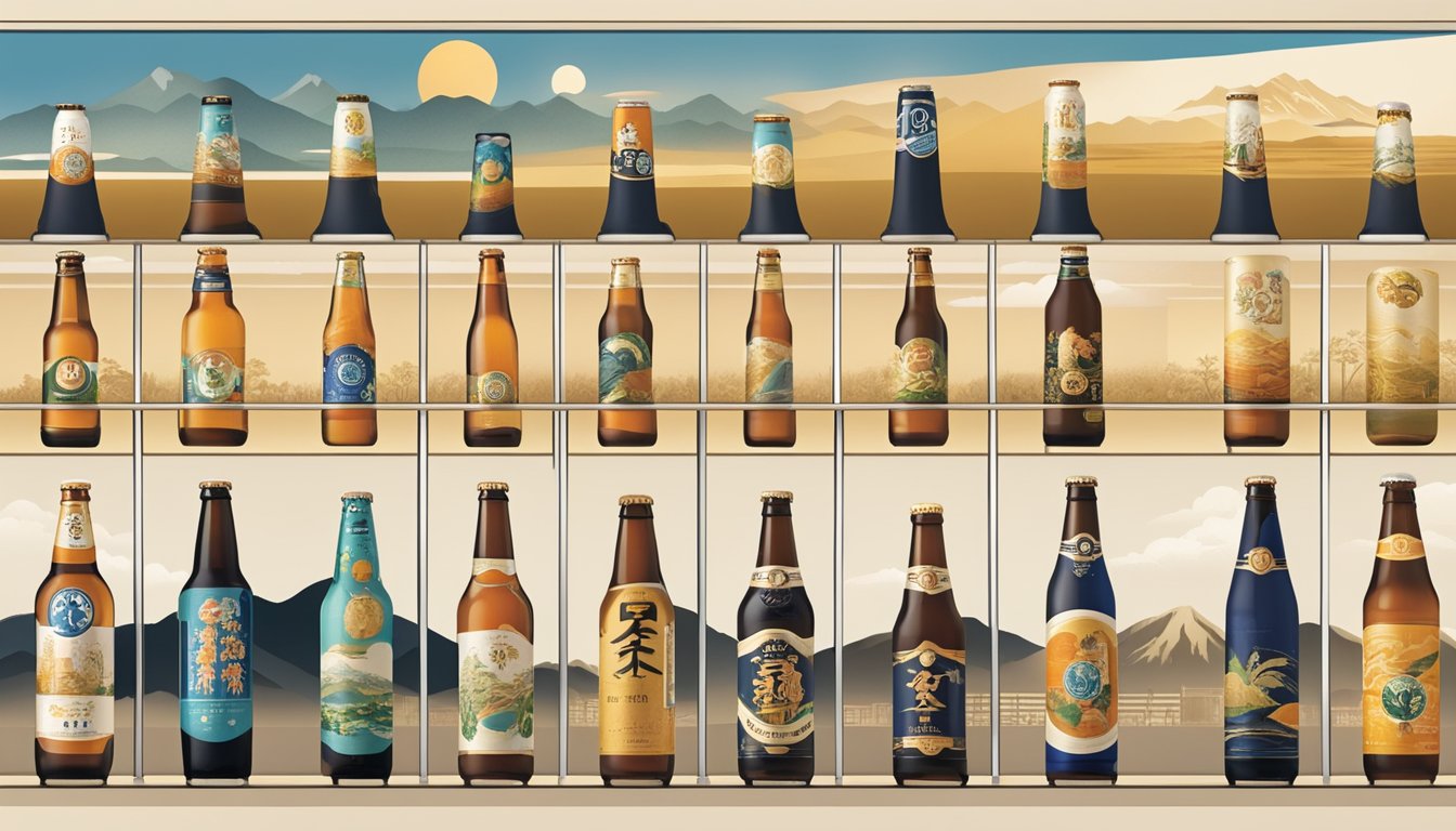 A timeline of Japanese beer labels from traditional to modern styles, with iconic Japanese symbols and landscapes in the background