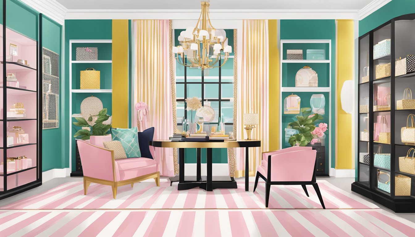 A display of kate spade luxury products in a chic, modern setting with iconic brand colors and patterns
