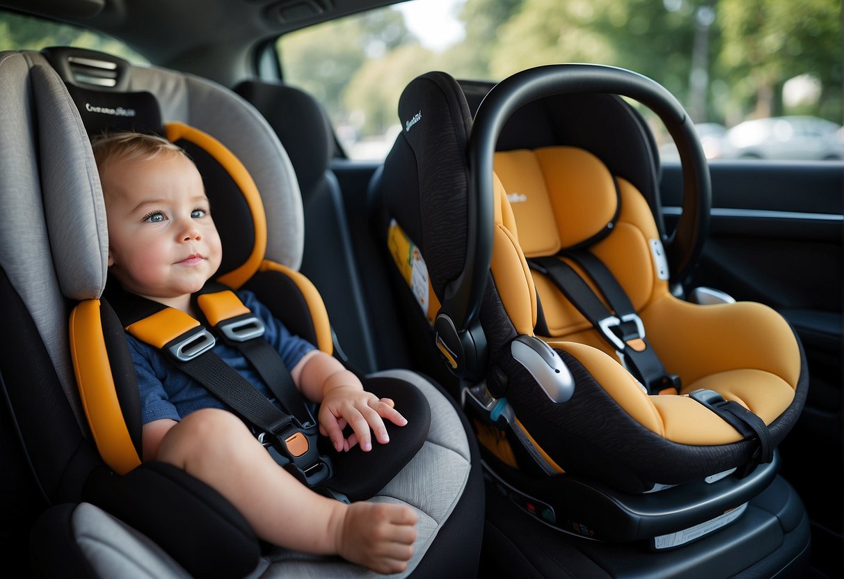 Two car seats side by side, one Maxi Cosi and one Besafe, showcasing their safety features such as impact-absorbing materials, adjustable headrests, and secure harness systems