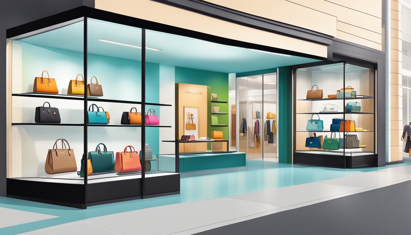 A sleek and modern storefront with vibrant colors and clean lines. The display showcases a range of high-end handbags, accessories, and stylish home decor
