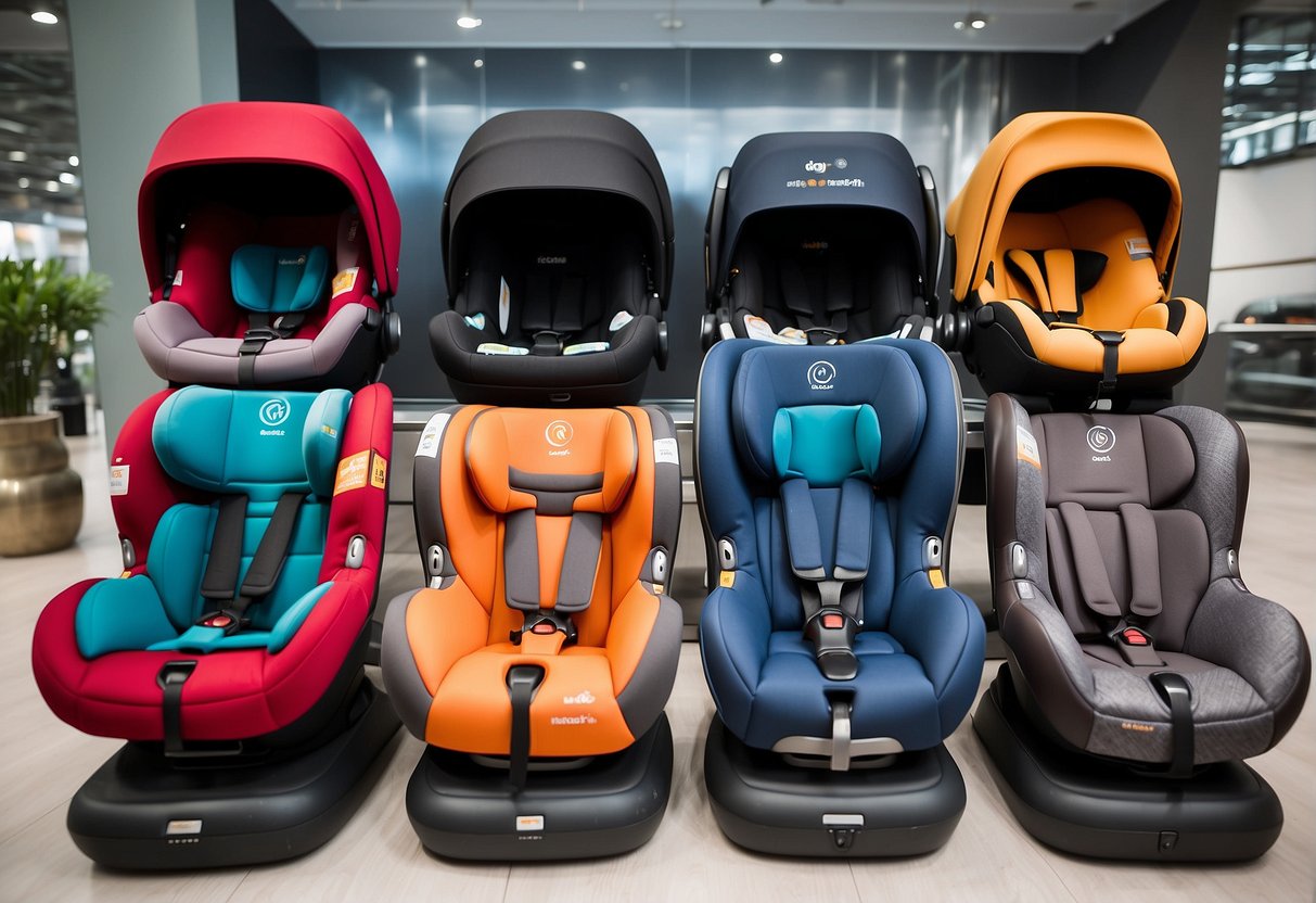 Two car seats, Maxi Cosi and Besafe, displayed side by side with their respective models and product range labels