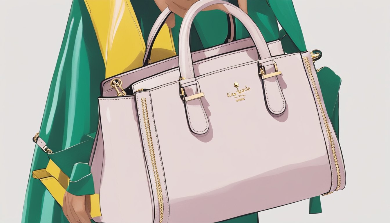 A sleek, sophisticated handbag sits on a marble countertop, showcasing impeccable stitching and luxurious materials. The kate spade logo gleams in the soft light, a symbol of luxury and craftsmanship