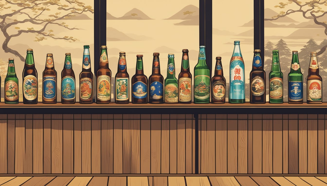 A row of iconic Japanese beer bottles lined up on a wooden bar counter, with traditional Japanese artwork in the background