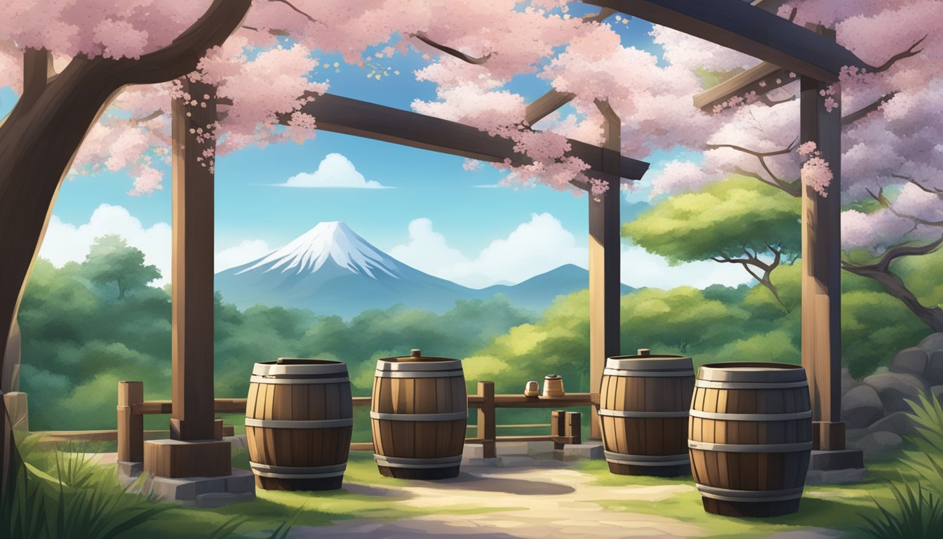 A traditional Japanese brewery with wooden barrels and intricate brewing equipment, surrounded by lush greenery and cherry blossom trees