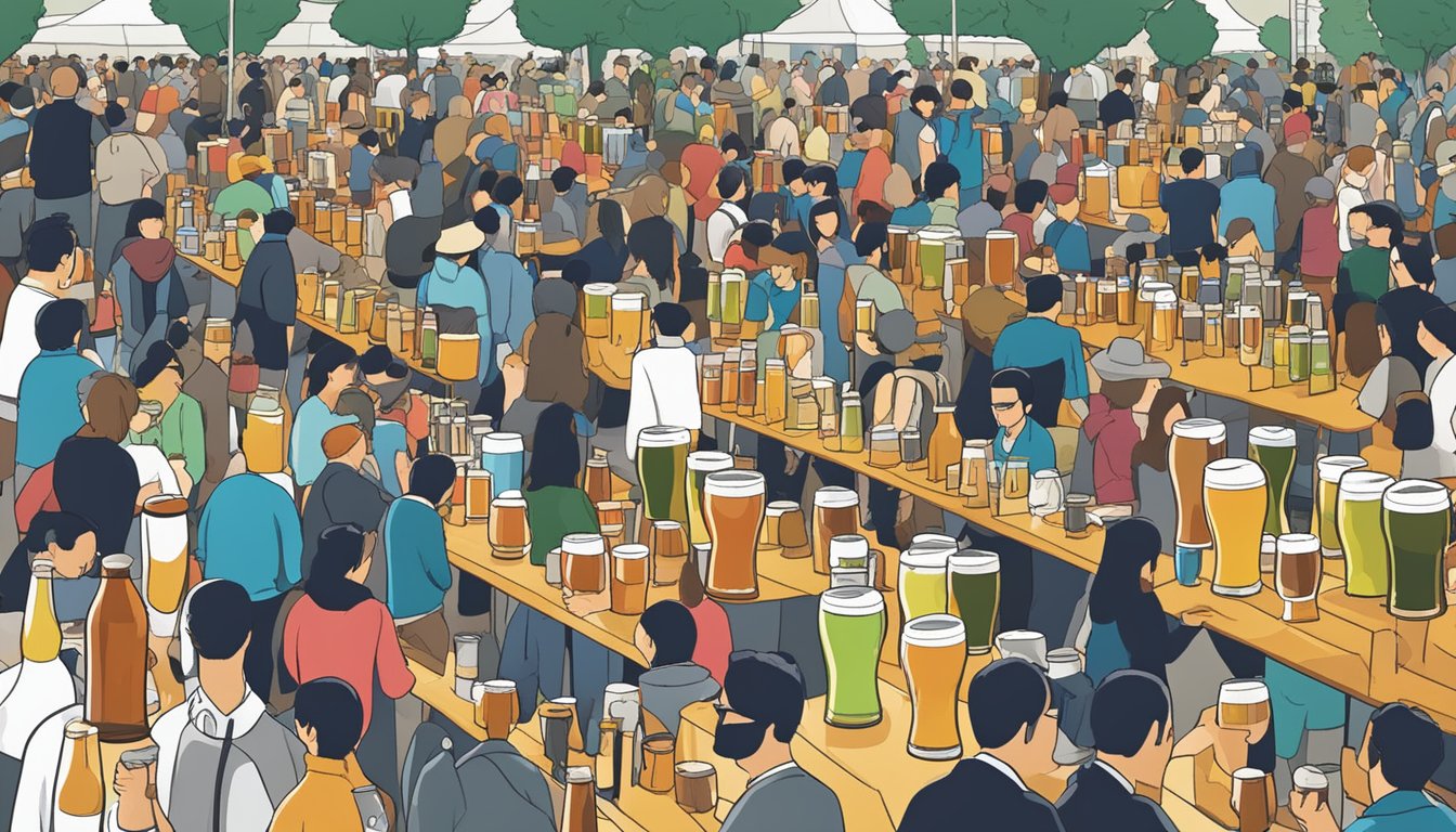 A bustling beer festival with rows of colorful craft beer taps and enthusiastic patrons sampling a variety of unique Japanese beer brands