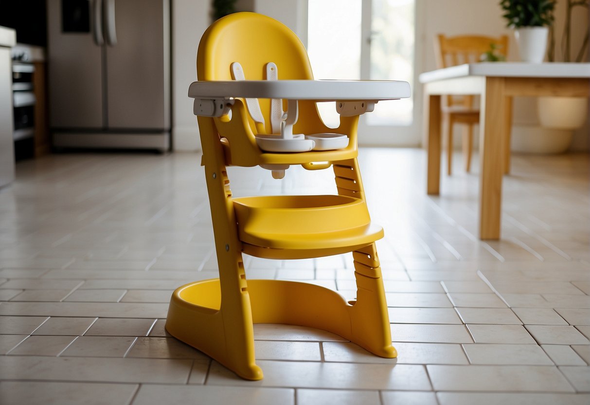 A high chair with a removable footrest, a child's plate, and a spill-proof cup on a clean, tiled floor in a well-lit kitchen
