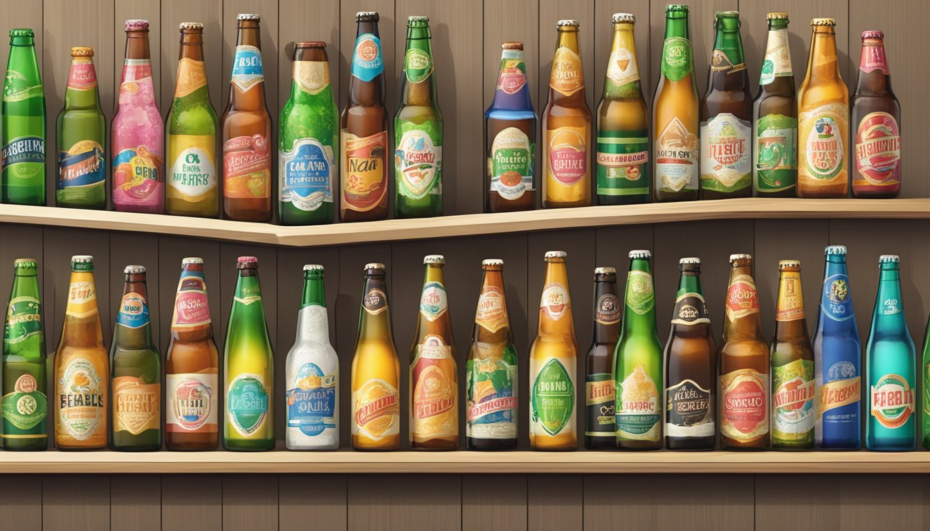 A row of colorful Japanese beer bottles with "Frequently Asked Questions" labels on a clean, modern display shelf