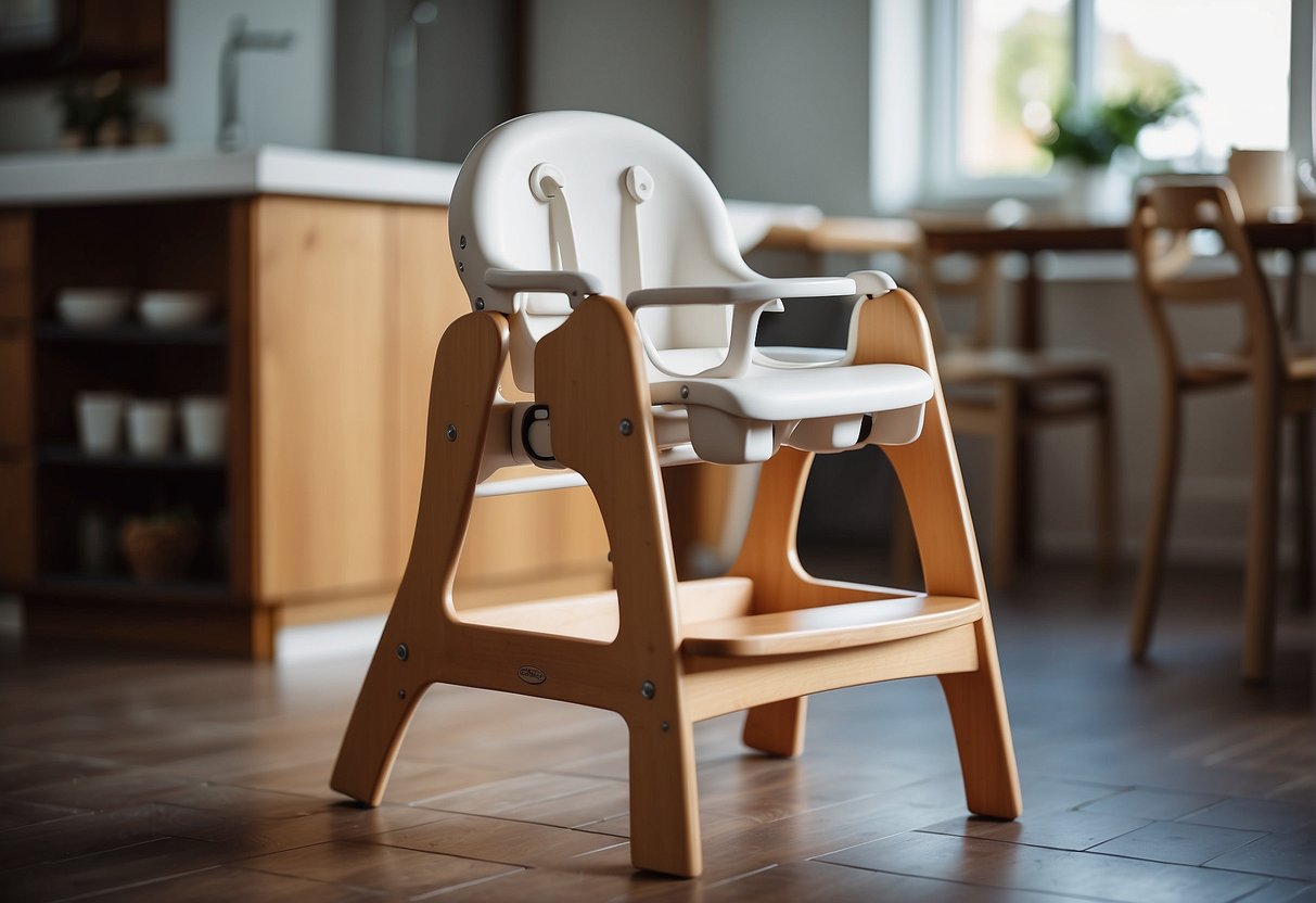 A high chair with a footrest positioned at a comfortable height for a child's feet, providing support and stability during mealtime